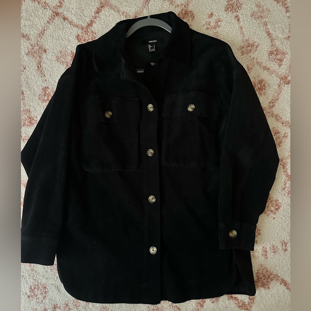Black Button Up Corduroy Shacket with Pockets